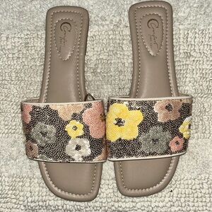 Comfort Floral Embellished Slide Sandals - Yellow and Pink
